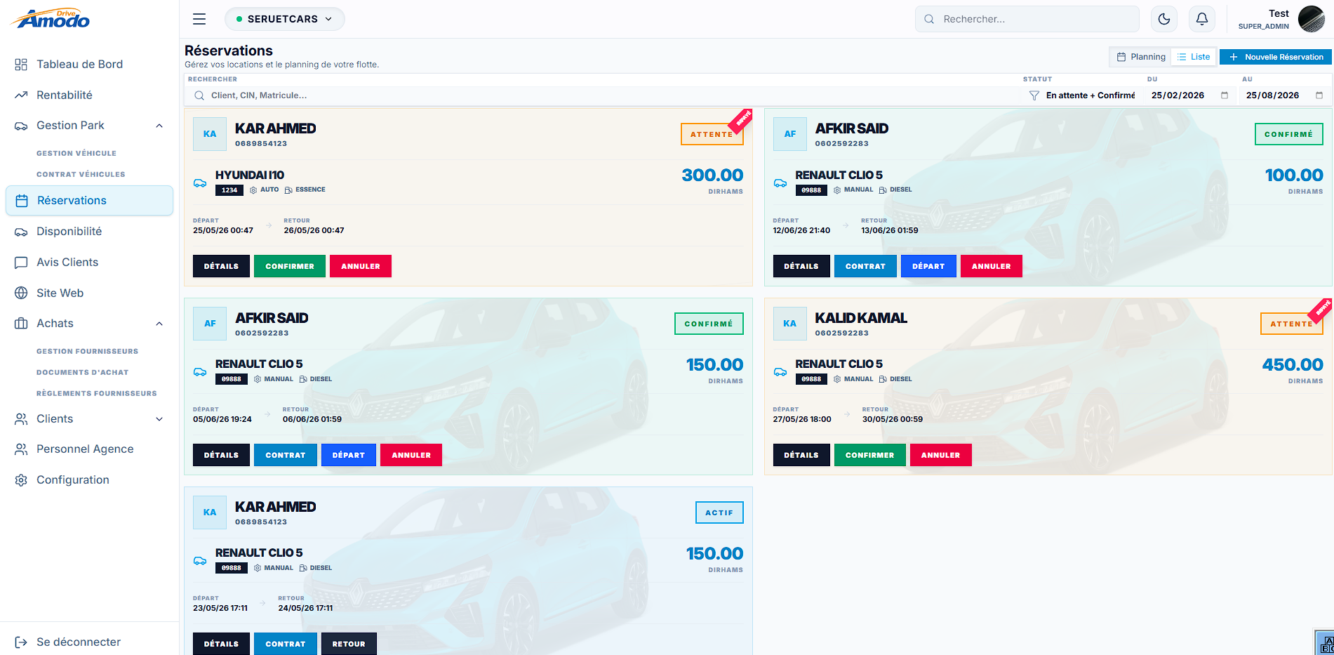Dashboard réservations